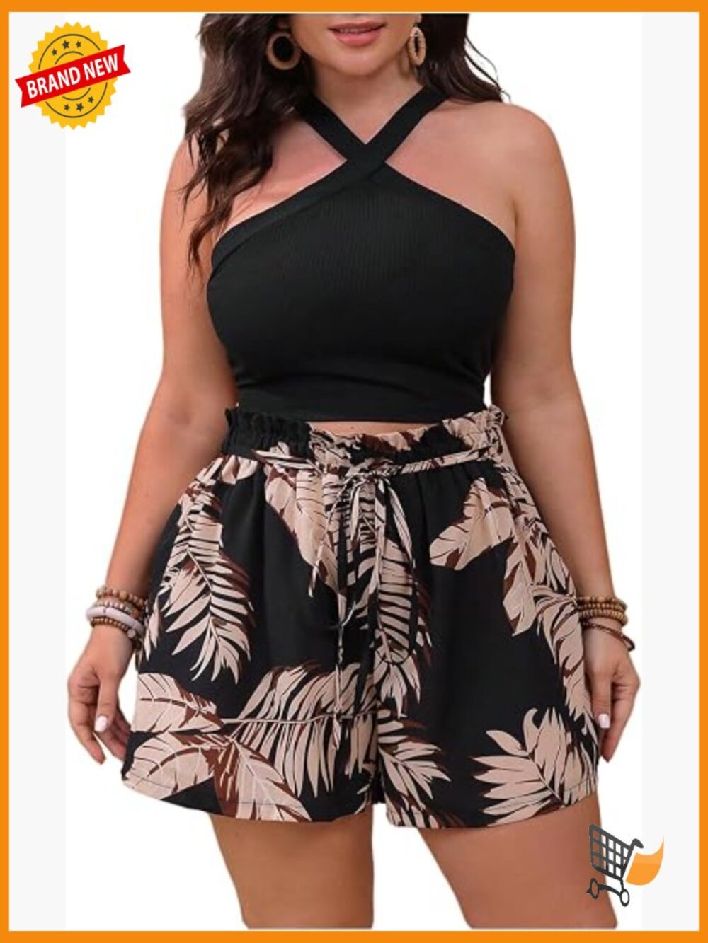 Plus Size 2 Piece Outfit Tropical Print Halter Cami & Shorts Set Summer